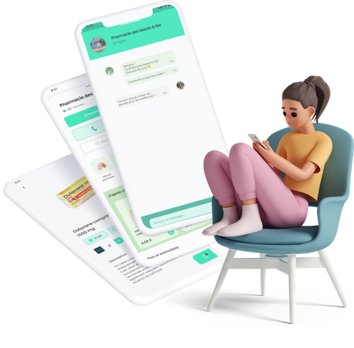 Écrans de l'application Oxee : chat avec la pharmacie et fiche produit, utilisés par une patiente