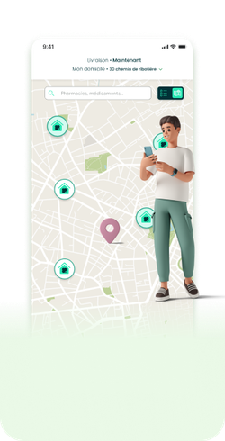 Carte des pharmacies partenaires autour de l'utilisateur dans l'application Oxee
