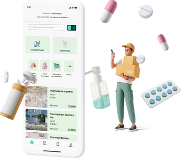 Application Oxee affichant les pharmacies proches, avec un livreur portant des colis de médicaments
